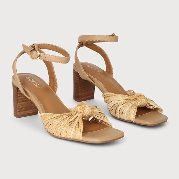 NIB Kensie Kaiko Natural Woven Straw Ankle Strap High Heel Sandals - Picture 5 of 7